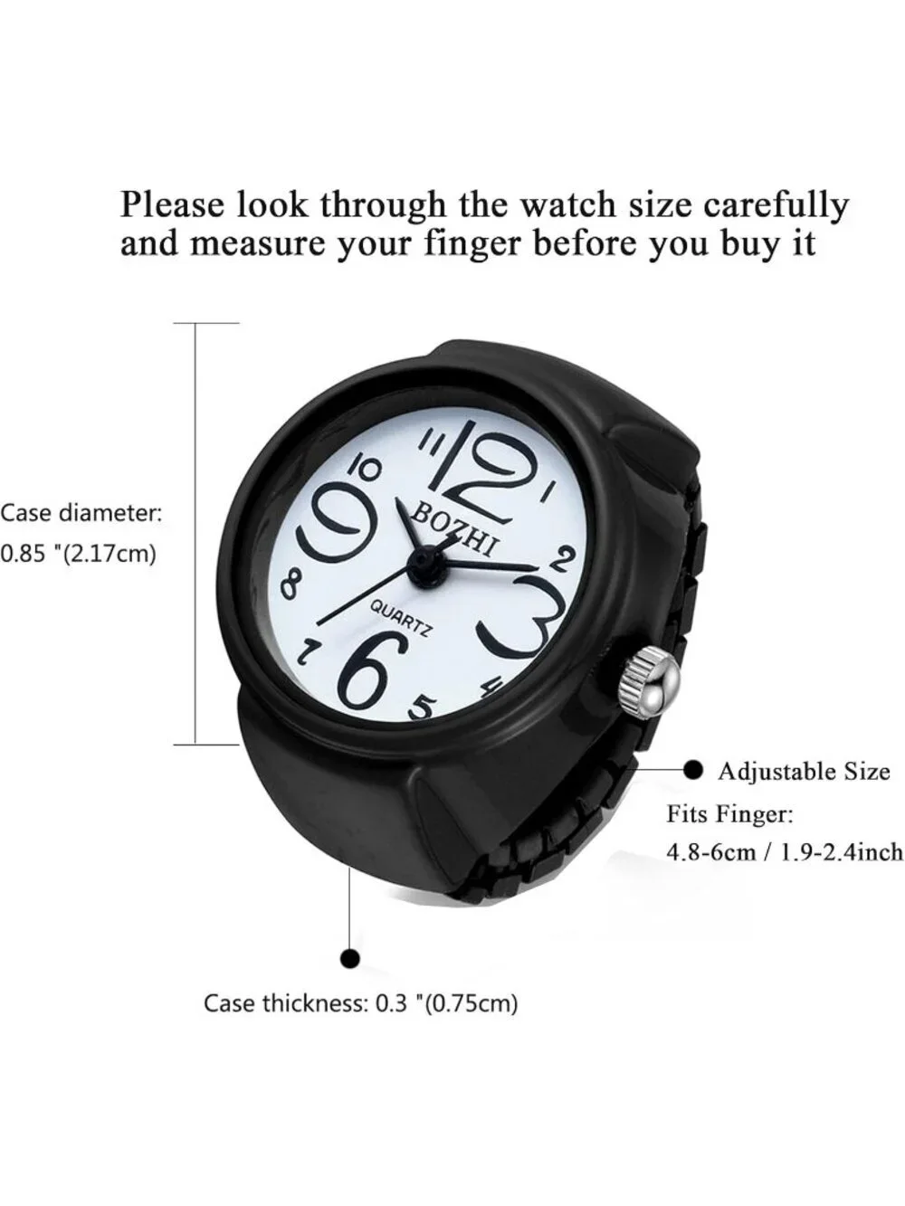 Unisex Black Analog Quartz Easy Read Adjustable Modern Round Finger Ring Watch